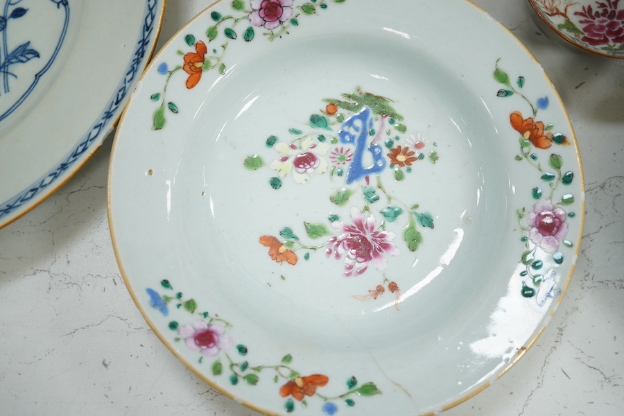 Nine items of mixed 18th century and later Chinese ceramics etc., largest plate 22.5cm diameter. Condition - minor chips to plate and bowl edges